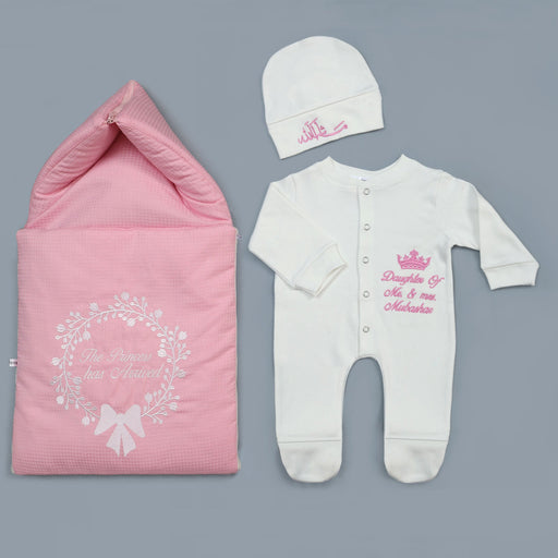 customized embroidered baby romper set pink