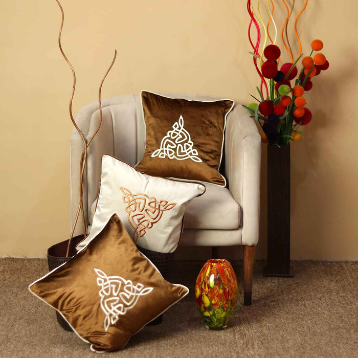 geometrical embroidered lush velvet copper cushion cover bundle of 3