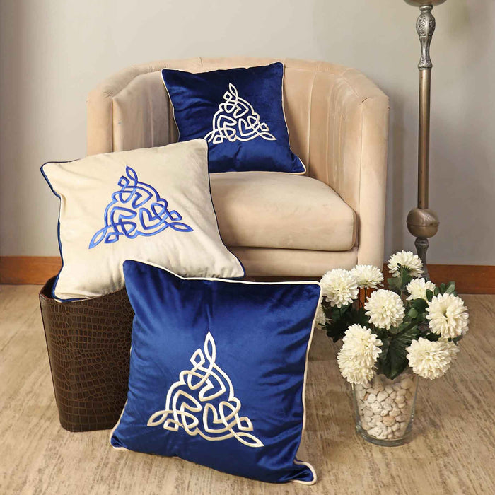 geometrical embroidered lush velvet blue cushion cover bundle of 3