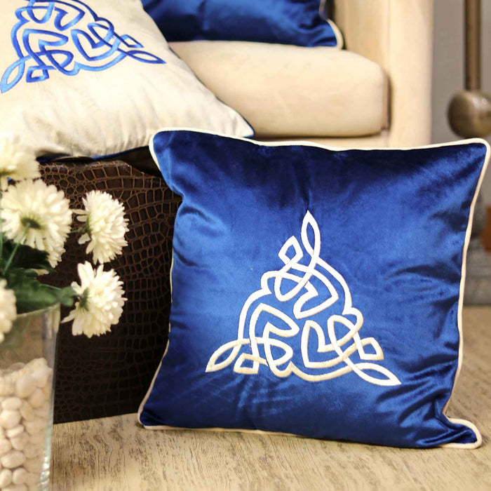 geometrical embroidered lush velvet blue cushion cover bundle of 3