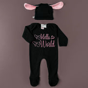 hello world embroidered romper set