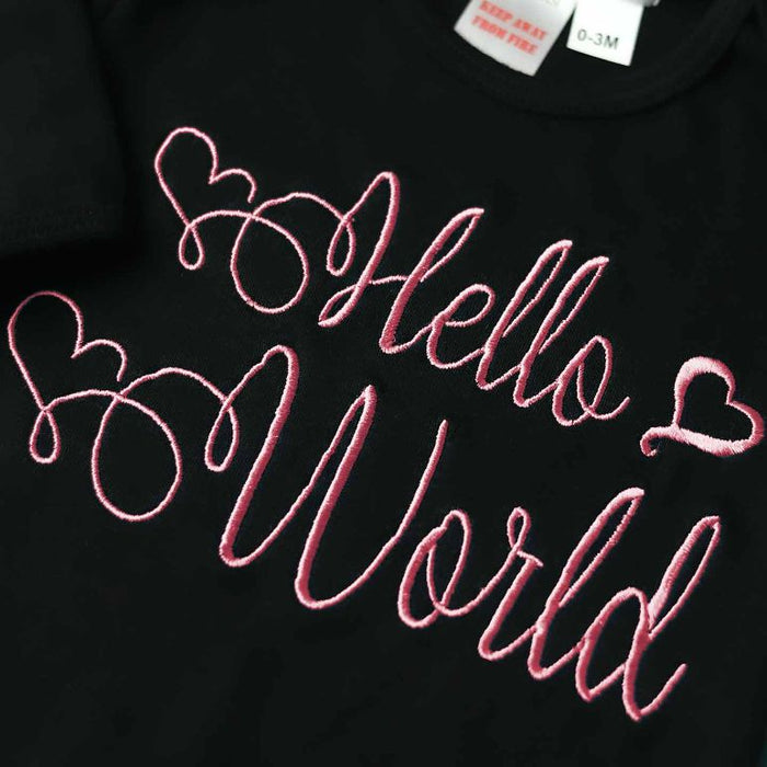 hello world embroidered romper set