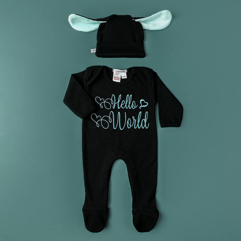 hello world embroidered romper set