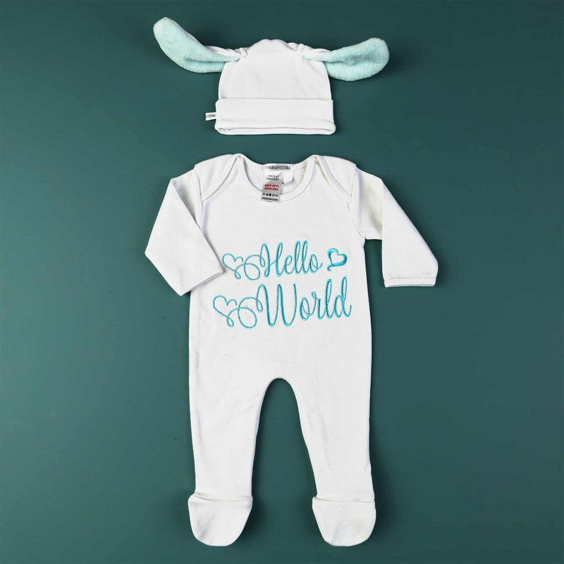 hello world embroidered romper set