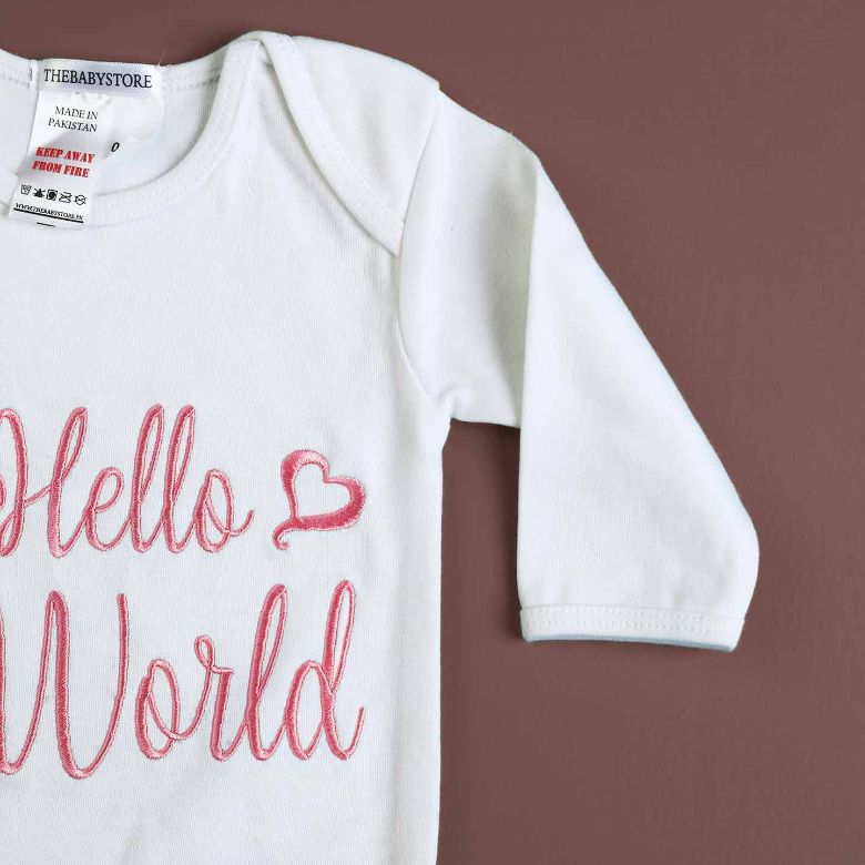 hello world embroidered romper set