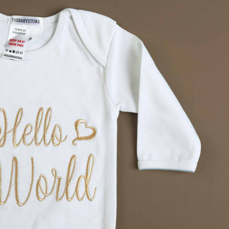 hello world embroidered romper set