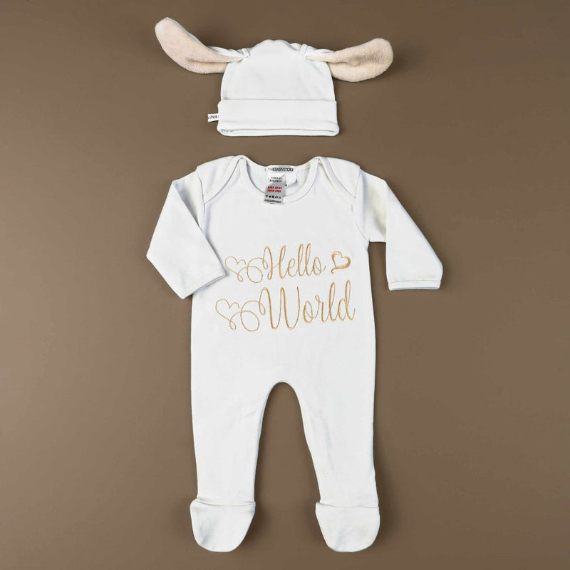 hello world embroidered romper set