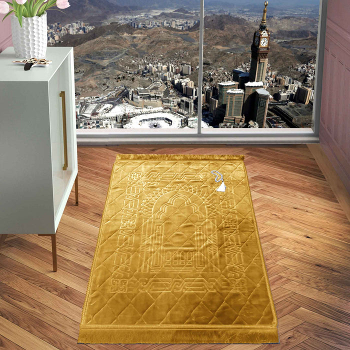 premium quality anti slippery embossed fleece ethnic print prayer mat light gold