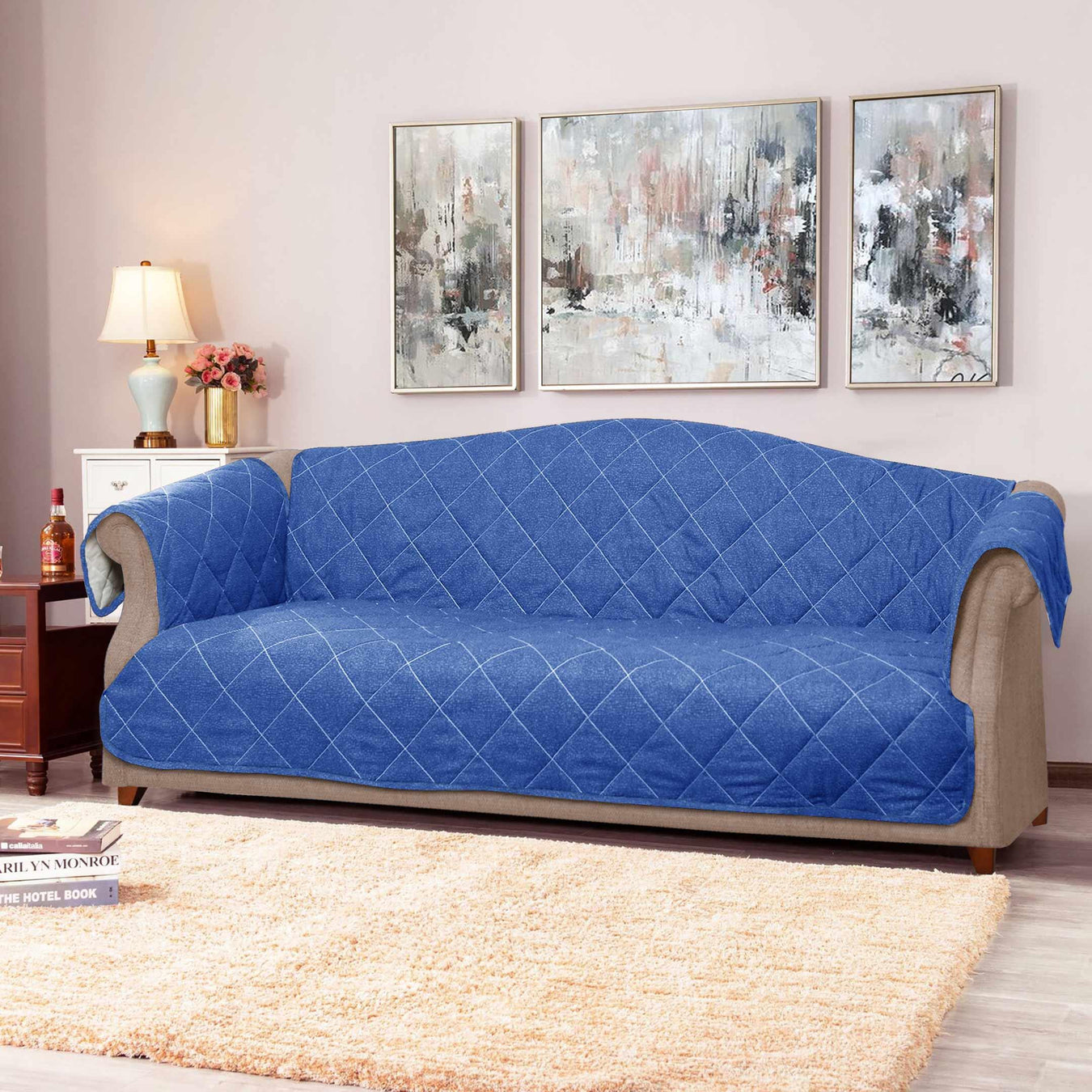 bed rock light blue quilted sofa cover set