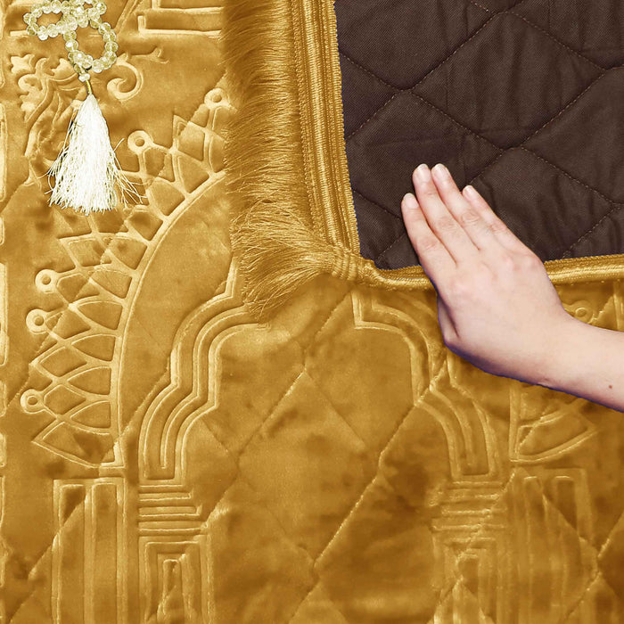 premium quality anti slippery embossed fleece ethnic print prayer mat mustard