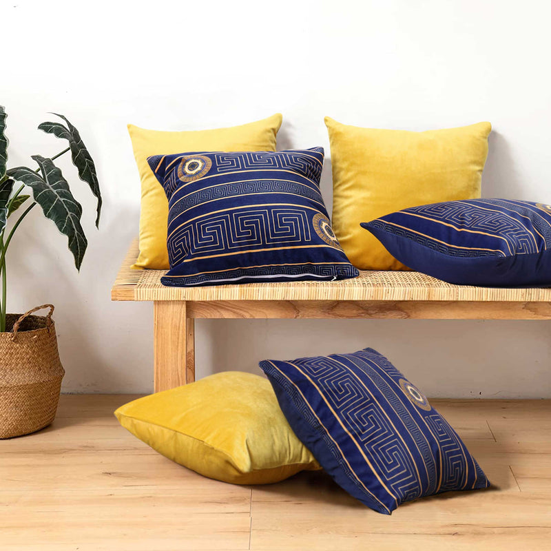 Mustard Printed Border Velvet Cushion Covers (Bundle of 6)