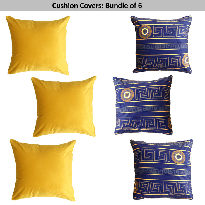Mustard Printed Border Velvet Cushion Covers (Bundle of 6)