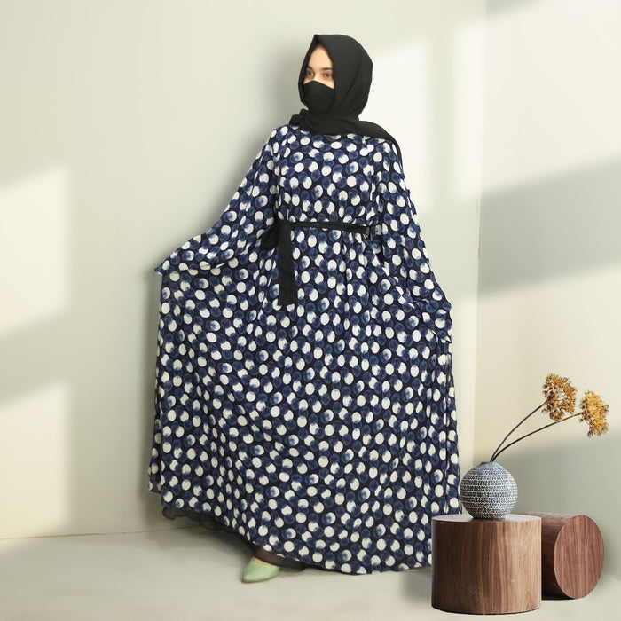 blue printed abaya and hijaab