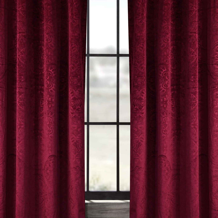 traditional curved embossed velvet curtains burgundy