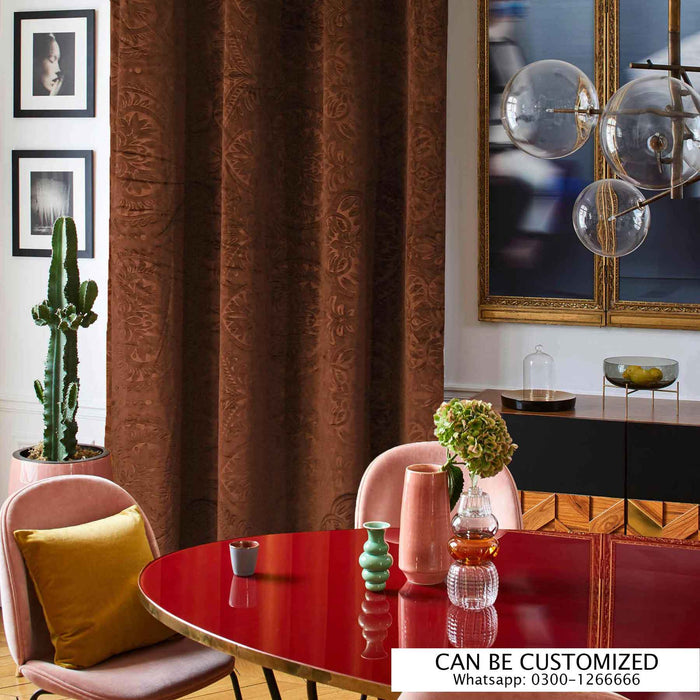 traditional curved embossed velvet curtains brown