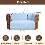 Diagram of a 2 seater sofa covered with light blue quilted slipcover with brown arms and dimensions labeled 45 inches width and 22 inches depth
