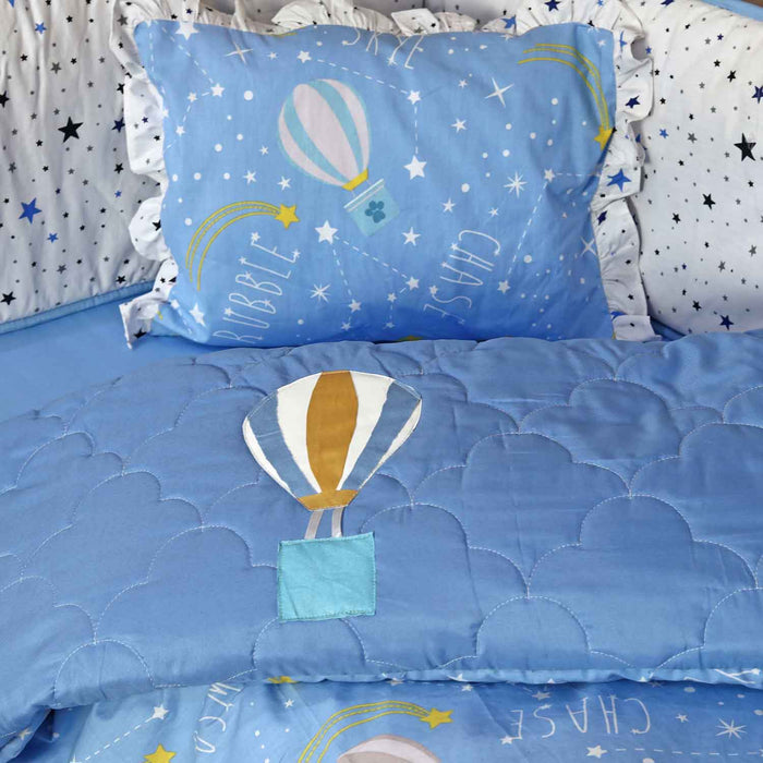 blue hot air balloon baby cot set