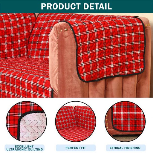 plaid red quilted sofa cover set